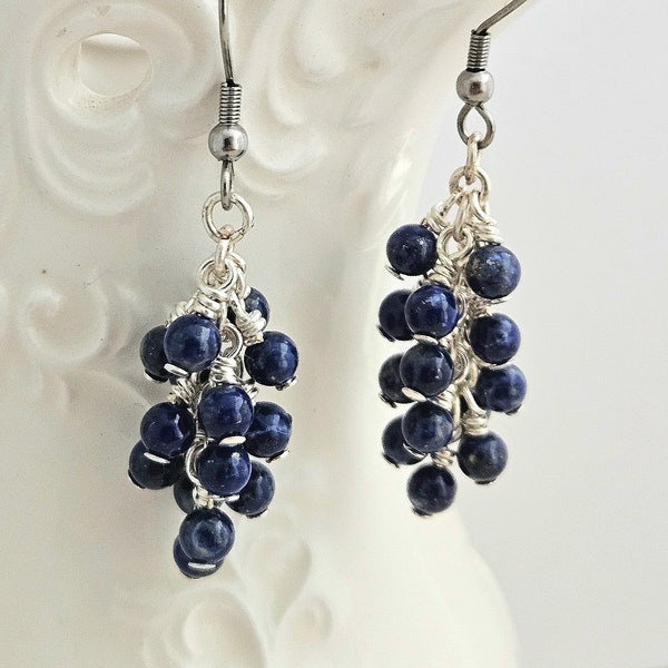 Lapis Lazuli Cluster Earrings - Dark Blue Stone Earrings - Blue Lapis Gemstone Earrings - Blue Dangle Earrings - Grape Earrings - Bohemian