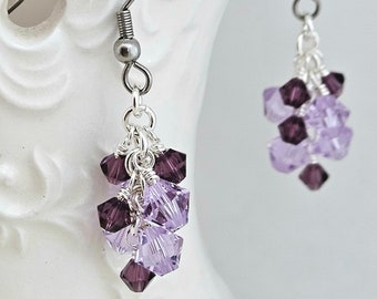 Purple Earrings - Light and Dark Purple Cluster Earrings - Violet Earrings - Sparkle Grape Drop Earrings - Mixed Colored Dangle Earrings