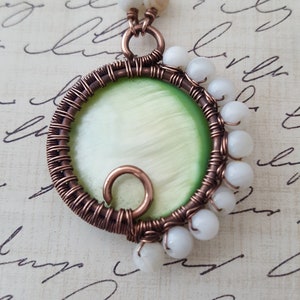 Mother of Pearl Shell Necklace - Bright Green Pendant Necklace - Copper Wire Wrapped Necklace - Spiral Necklace - Statement Necklace - Boho