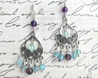 Apatite and Amethyst Earrings - Blue and Purple Gemstone Earrings - Chandelier Earrings - Mixed Gems Earrings - Natural Stone Earrings