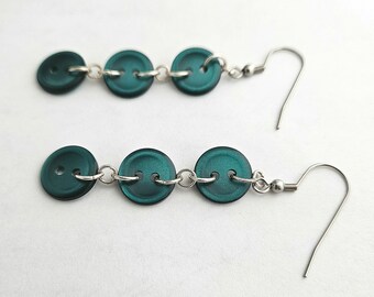 Green Button Earrings - Long Green Earrings - Crafters Jewelry - Seamstress Earrings - Dark Green Dangle Earrings - Handmade Jewelry