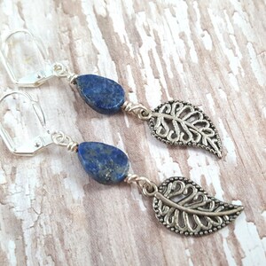 Lapis Lazuli Leaf Earrings Lapis Drop Earrings Autumn Earrings Blue Stone Teardrop Earrings Natural Gemstone Earrings Hippie Zen image 4