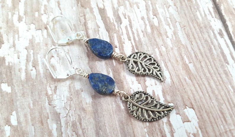 Lapis Lazuli Leaf Earrings Lapis Drop Earrings Autumn Earrings Blue Stone Teardrop Earrings Natural Gemstone Earrings Hippie Zen image 4