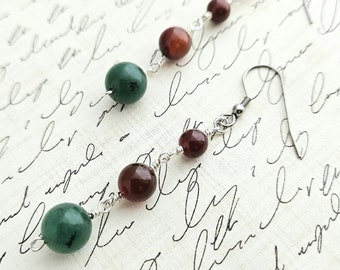 Green Aventurine Red Agate Gemstone Earrings - Long Dangle Earrings - Green Red Drop Earrings - Stone Earrings - Simple Gem Earrings
