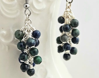 Chrysocolla Cluster Earrings - Dark Blue Stone Earrings - Blue Green Gemstone Earrings - Blue Dangle Earrings - Grape Earrings - Bohemian