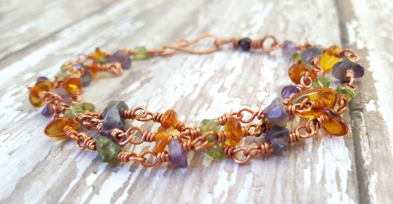 Mixed Gemstone Bracelet Amethyst Peridot Bracelet Baltic Amber Multi Strand Natural Gemstone Bracelet Copper Wire Wrapped Bracelet