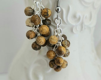Picture Jasper Cluster Earrings - Brown Stone Dangle Earrings - Beaded Earrings - Grape Earrings - Natural Colors Gemstone Earrings - Earthy