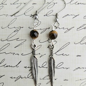 Tigers Eye Feather Earrings Tiger Eye Gemstone Earrings Feather Dangle Boho Feather Drop Earrings Nature Faceted Gemstone image 3