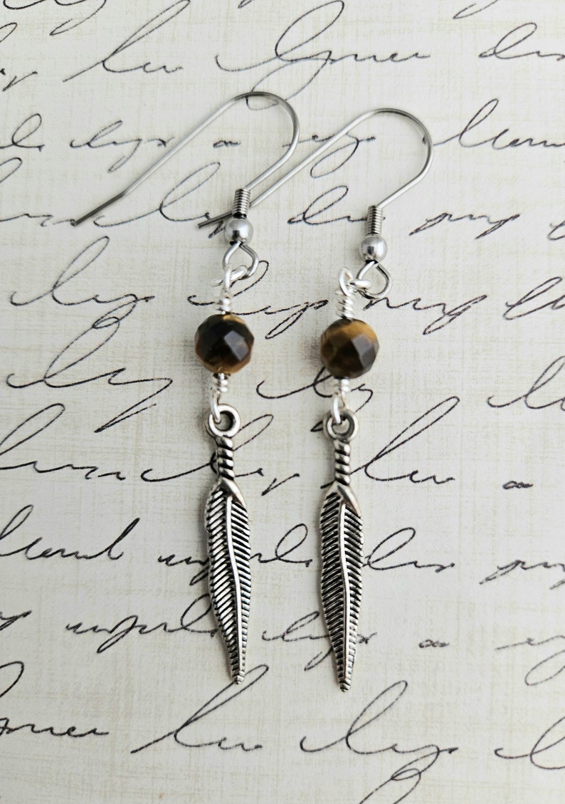 Tigers Eye Feather Earrings Tiger Eye Gemstone Earrings Feather Dangle Boho Feather Drop Earrings Nature Faceted Gemstone image 3