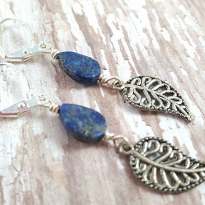 Lapis Lazuli Leaf Earrings Lapis Drop Earrings Autumn Earrings Blue Stone Teardrop Earrings Natural Gemstone Earrings Hippie Zen image 3