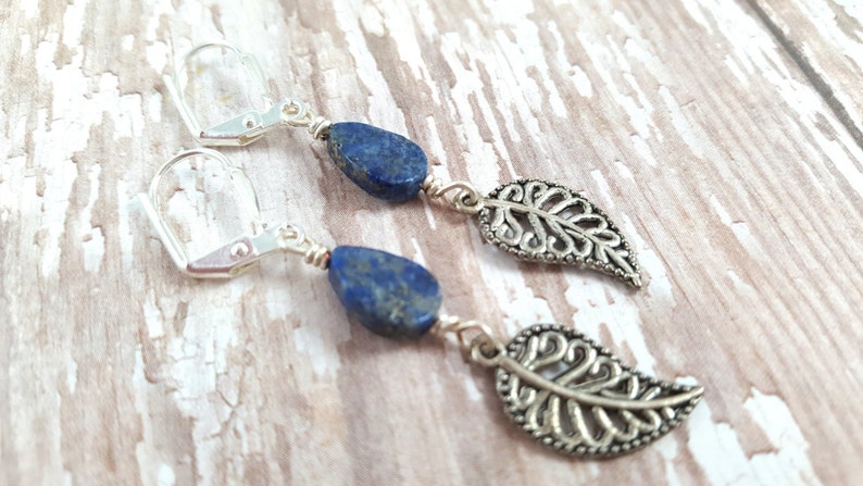 Lapis Lazuli Leaf Earrings Lapis Drop Earrings Autumn Earrings Blue Stone Teardrop Earrings Natural Gemstone Earrings Hippie Zen image 3