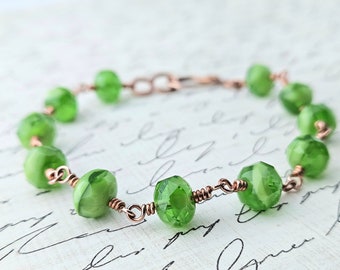 Green Glass Bracelet - Copper Wire Bracelet - Green Beaded Bracelet  - Copper Wire Wrapped Bracelet - Glass Beaded - Stack Bracelet