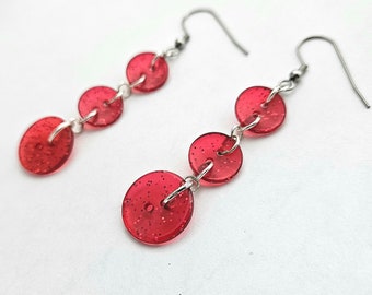 Red Button Earrings - Long Red Earrings - Crafters Jewelry - Seamstress Earrings - Bright Red Sparkly Dangle Earrings - Handmade Jewelry