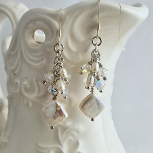 White Pearl Cluster Earrings - Pearl and Crystal Earring - Freshwater Pearl Earrings - Sterling Silver Earrings - Unique Wedding Earrings