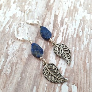 Lapis Lazuli Leaf Earrings Lapis Drop Earrings Autumn Earrings Blue Stone Teardrop Earrings Natural Gemstone Earrings Hippie Zen image 5