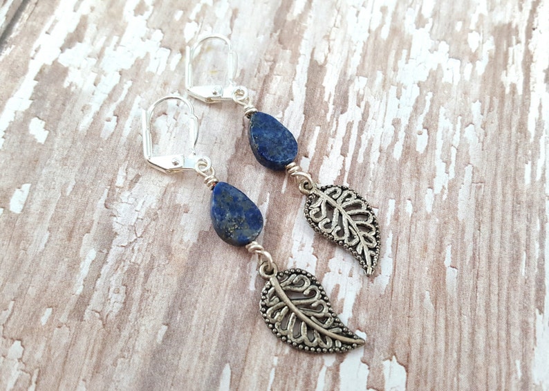 Lapis Lazuli Leaf Earrings Lapis Drop Earrings Autumn Earrings Blue Stone Teardrop Earrings Natural Gemstone Earrings Hippie Zen image 5