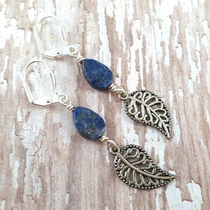 Lapis Lazuli Leaf Earrings Lapis Drop Earrings Autumn Earrings Blue Stone Teardrop Earrings Natural Gemstone Earrings Hippie Zen image 1