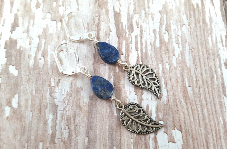 Lapis Lazuli Leaf Earrings Lapis Drop Earrings Autumn Earrings Blue Stone Teardrop Earrings Natural Gemstone Earrings Hippie Zen image 1