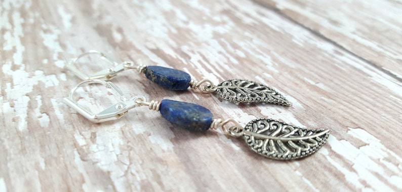 Lapis Lazuli Leaf Earrings Lapis Drop Earrings Autumn Earrings Blue Stone Teardrop Earrings Natural Gemstone Earrings Hippie Zen image 2