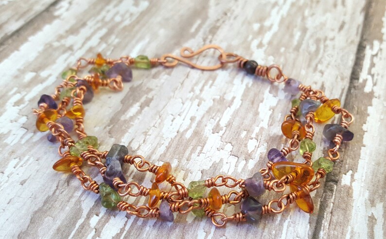 Mixed Gemstone Bracelet Amethyst Peridot Bracelet Baltic Amber Multi Strand Natural Gemstone Bracelet Copper Wire Wrapped Bracelet