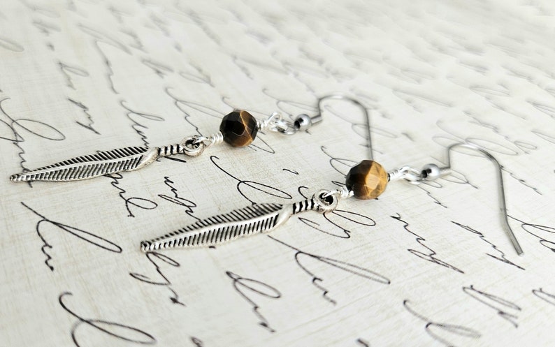 Tigers Eye Feather Earrings Tiger Eye Gemstone Earrings Feather Dangle Boho Feather Drop Earrings Nature Faceted Gemstone image 1