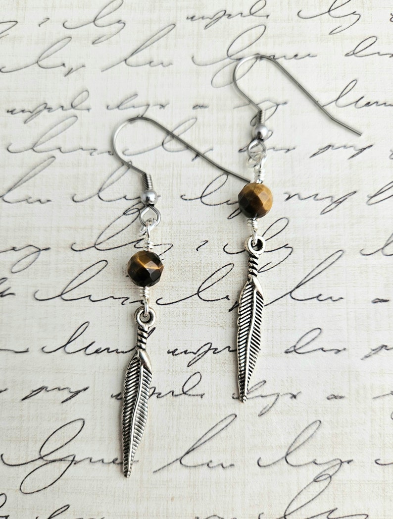 Tigers Eye Feather Earrings Tiger Eye Gemstone Earrings Feather Dangle Boho Feather Drop Earrings Nature Faceted Gemstone image 2