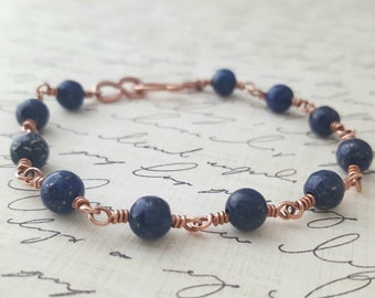 Lapis Lazuli Bracelet - Copper Wire Wrap Bracelet - Dark Blue Gemstone - Copper Wire Wrapped - Natural Stone Bracelet - Boho Bracelet