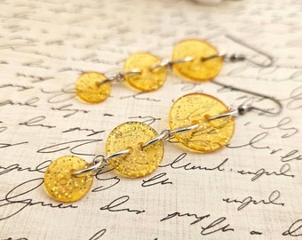 Yellow Button Earrings - Long Yellow Earrings - Crafters Jewelry - Seamstress Earrings - Yellow Sparkly Dangle Earrings - Handmade Jewelry