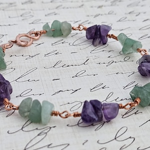 Amethyst and Green Aventurine Bracelet - Copper Wire Wrapped Bracelet - Natural Gemstone Chip Bracelet - Purple and Green Stone Bracelet