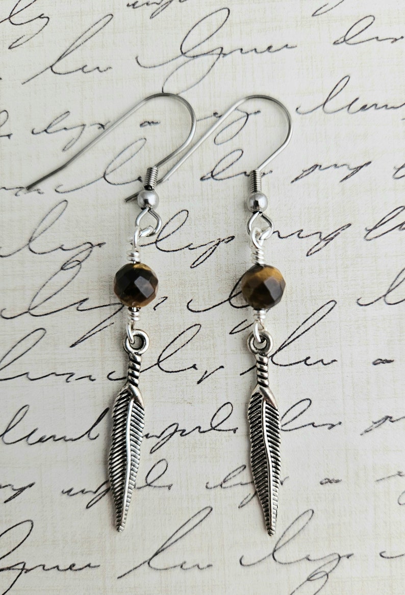 Tigers Eye Feather Earrings Tiger Eye Gemstone Earrings Feather Dangle Boho Feather Drop Earrings Nature Faceted Gemstone image 5