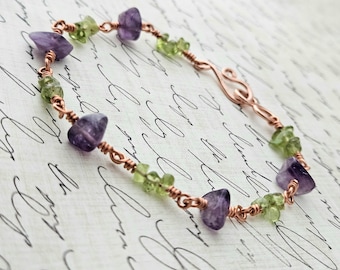 Peridot Amethyst Bracelet - Copper Wire Wrapped Bracelet - Green Purple Bracelet - Raw Gemstone Bracelet - February and August Birthstones