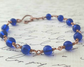 Cobalt Blue Glass Bracelet - Copper Wire Bracelet - Beaded Bracelet