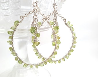 Peridot Earrings - Wire Wrapped - August Birthstone - Wire Work - Large Hoop Earrings - Natural Gemstone Chip - Green Stone - Gypsy - Boho