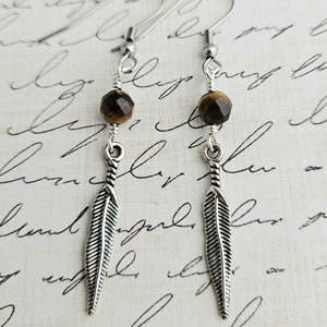 Tigers Eye Feather Earrings Tiger Eye Gemstone Earrings Feather Dangle Boho Feather Drop Earrings Nature Faceted Gemstone image 6