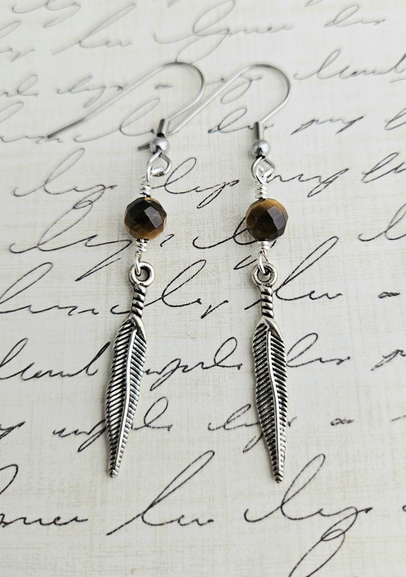 Tigers Eye Feather Earrings Tiger Eye Gemstone Earrings Feather Dangle Boho Feather Drop Earrings Nature Faceted Gemstone image 6