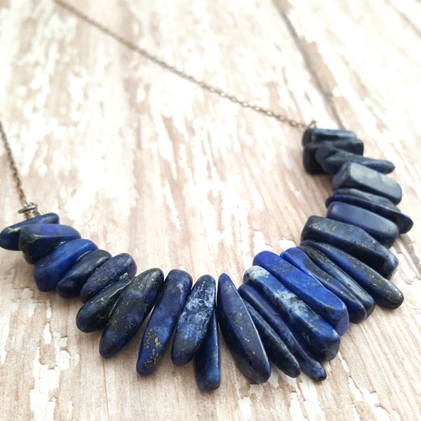 Lapis Lazuli Necklace - Dark Blue Gemstone Necklace - Primitive Necklace -Boho - Statement Necklace - Oxidized Sterling Silver Dainty Chain
