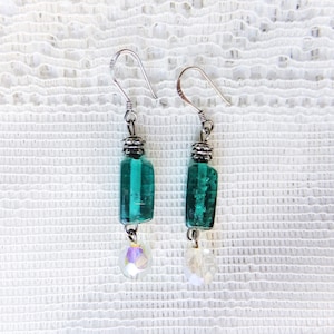 Art Nouveau Teal Glass Earrings: Sterling Silver Hooks