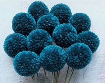 Teal Yarn Pom Pom Flowers: Set of 12