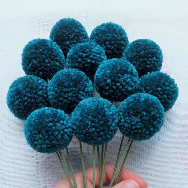 Teal Yarn Pom Pom Flowers: Set of 12, Teal Yarn Poms, Teal Yarn Pom Poms, Teal Yarn Flowers, Teal Bridal Bouquet, Dark Blue Yarn Flowers