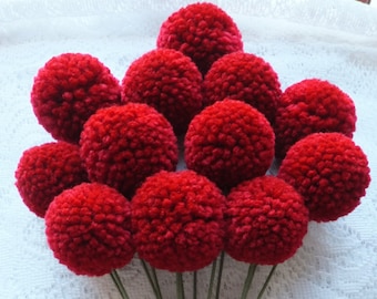 Dark Red Yarn Pom Pom Flowers: Set of 12