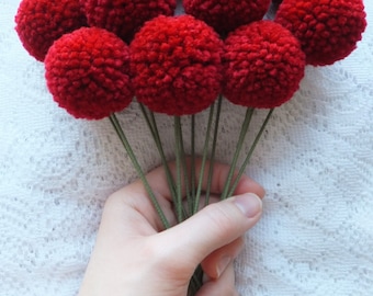 Dark Red Yarn Pom Pom Flowers: Set of 12