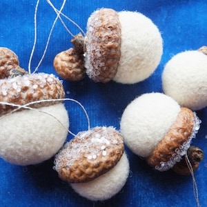 White Felted Acorn Christmas Ornaments: Scandinavian Woodland Decor