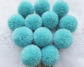 Sea Blue Yarn Pom Pom Flowers: Set of 12