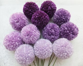 Purple Ombre Yarn Pom Pom Flowers: Set of 12