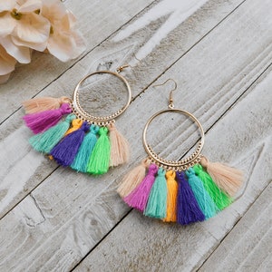 Colorful Tassel Earrings, Bohemian Tassel Earrings, Tassel Earrings, Hoop Earrings, Tassel Hoop Earrings, Multicolor Tassel Earrings, Summer