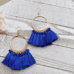 Navy Blue Tassel Earrings, Tassel Earrings, Gold Hoop Earrings, Hoop Earrings, Blue Tassel Earrings, Minimalist Earrings, Statement Earrings