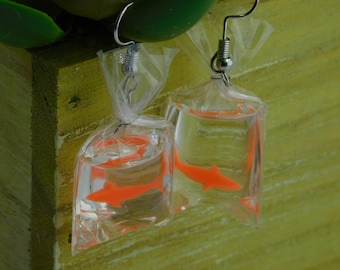 Goldfish Earrings, Fish in a Bag Earrings, Carnival Fish in a Bag Earrings, Kawaii Fish Earrings, Animal Earrings, Fish Earrings