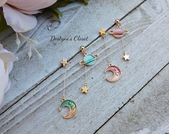 Planet and Moon Earrings, Celestial Earrings, Planet and Star Earrings, Asymmetric Planet and Star Earrings, Galaxy Earring, Kawaii Earrings