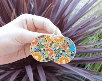 Large Mod Circle Earrings, Hippie Inspired Earrings, Colorful FLOWER Circle Earrings, Vintage Inspired Circle Earrings, Boho Earrings