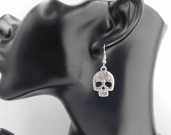 Sugar Skull Earrings, Skull Earrings, Day of the Dead Earrings, Burnished Silver Skull Earrings, Gothic Earrings, Skull Jewelry, Halloween